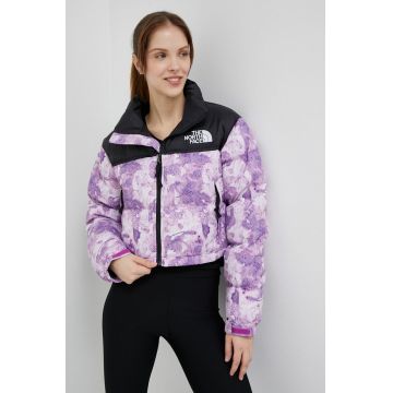 The North Face geaca de puf NUPTSE SHORT JACKET femei, culoarea violet, de iarna