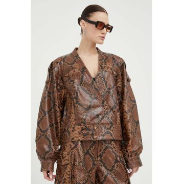 Gestuz geaca de piele Rivera femei, culoarea maro, de tranzitie, oversize