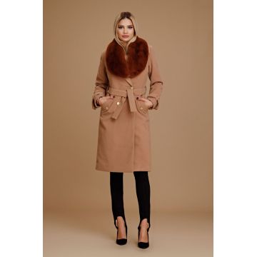 Palton gros dama bej/acaju cu guler detasabil