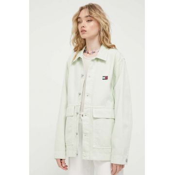 Tommy Jeans geaca jeans femei, culoarea verde, de tranzitie, oversize