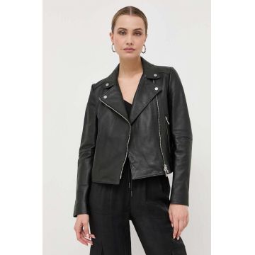 BOSS geaca ramones de piele femei, culoarea verde, de tranzitie