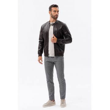 Jacheta din piele cu buzunare - Maro inchis