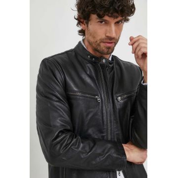 Pepe Jeans geaca de piele barbati, culoarea negru, de tranzitie