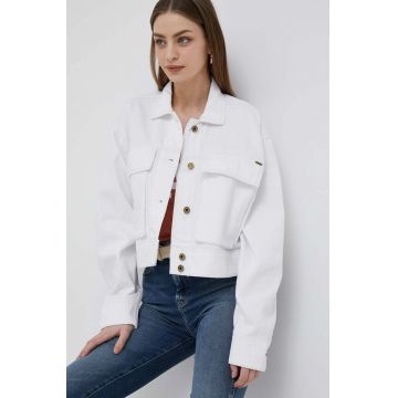 Pepe Jeans geaca jeans Frankie femei, culoarea alb, de tranzitie, oversize