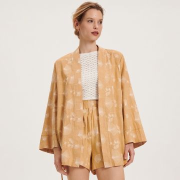 Reserved - Kimono brodat, cu adaos de in - Multicolor