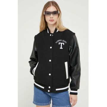 Tommy Jeans jacheta bomber din amestec de lana culoarea negru, de tranzitie