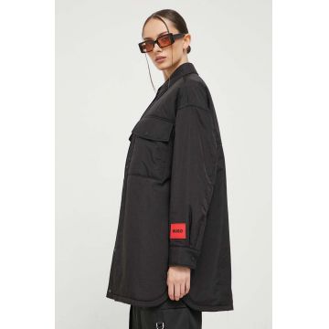 HUGO geaca femei, culoarea negru, de tranzitie, oversize
