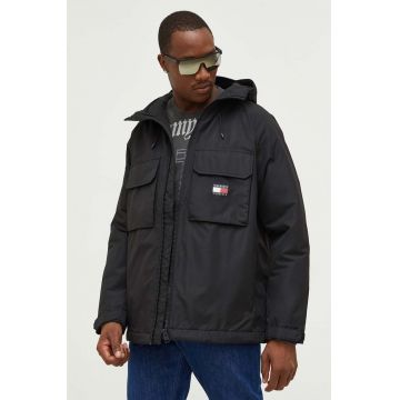Tommy Jeans geaca barbati, culoarea negru, de tranzitie, oversize