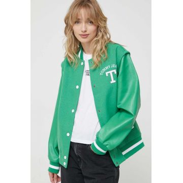 Tommy Jeans jacheta bomber din amestec de lana culoarea verde, de tranzitie