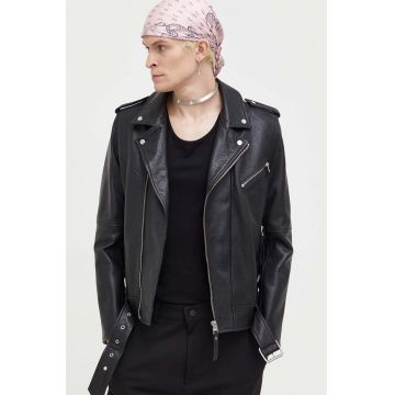 HUGO geaca ramones de piele barbati, culoarea negru, de tranzitie