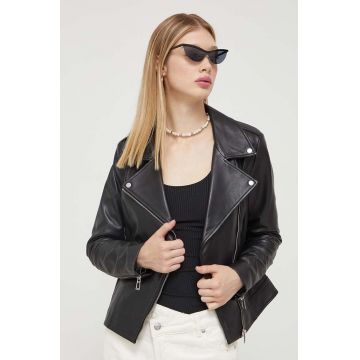 HUGO geaca ramones de piele femei, culoarea negru, de tranzitie