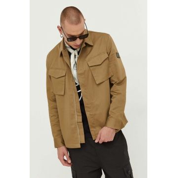 HUGO jacheta de bumbac culoarea maro, de tranzitie, oversize