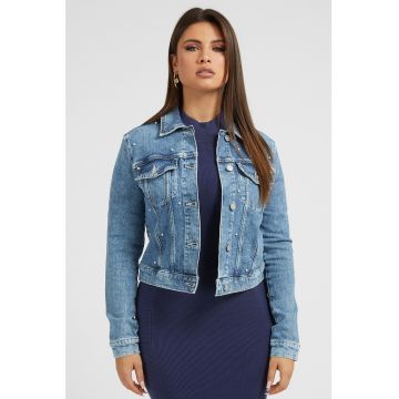 Jacheta crop din denim cu perle
