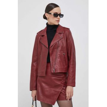 Pepe Jeans geaca ramones de piele femei, culoarea bordo, de tranzitie