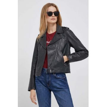 Pepe Jeans geaca ramones de piele femei, culoarea negru, de tranzitie