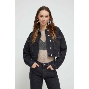 Moschino Jeans geacă din denim femei, culoarea negru, de tranziție, oversized