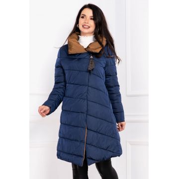 Geaca de iarna matlasata bleumarin cu guler inalt si accesoriu tip esarfa