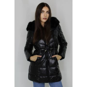Geaca dama lunga, de iarna, din fas, lucioasa si gluga cu blanita, Negru