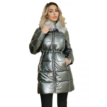 Geaca dama lunga , de iarna, din fas, lucioasa si gluga cu blanita, Silver