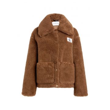 Jacheta din material teddy cu aplicatie logo