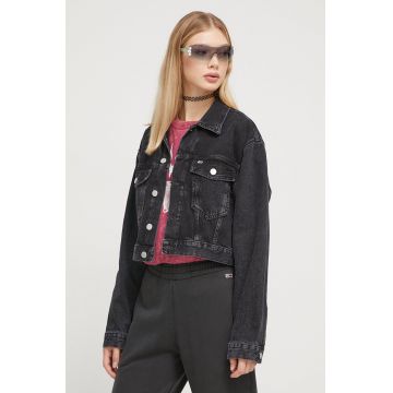 Tommy Jeans geaca jeans femei, culoarea negru, de tranzitie, oversize