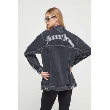 Tommy Jeans geaca jeans femei, culoarea negru, de tranzitie, oversize