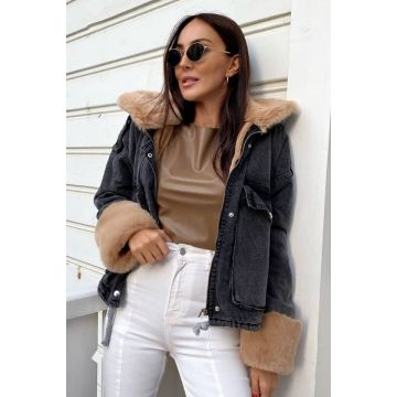 Geaca de blugi neagra Andra, cu blanita crem