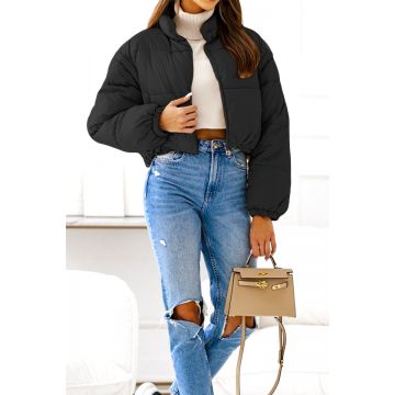 Geaca scurta 2 in 1, Twin, cu aspect matlasat si maneci detasabile, Negru, Marime S/M/L