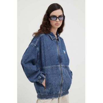 American Vintage geaca jeans femei, culoarea albastru marin, de tranzitie, oversize