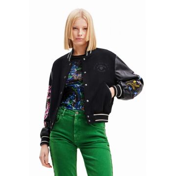 Desigual geaca bomber 23WWEW88 WOMAN WOVEN JACKET femei, culoarea negru, de tranzitie