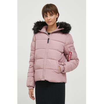 Alpha Industries geaca Hooded Puffer Wmn femei, culoarea roz, de iarna