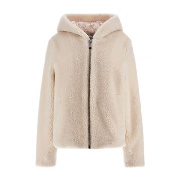 Jacheta din blana shearling sintetica cu gluga si imprimeu logo