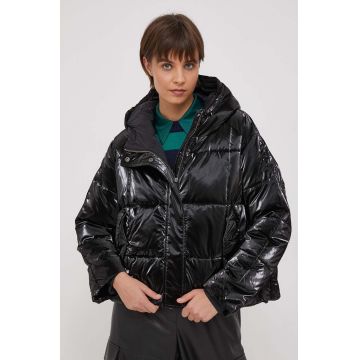 Sisley geaca femei, culoarea negru, de tranzitie, oversize