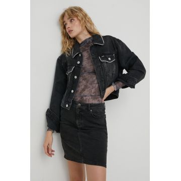 Tommy Jeans geaca jeans femei, culoarea negru, de tranzitie, oversize