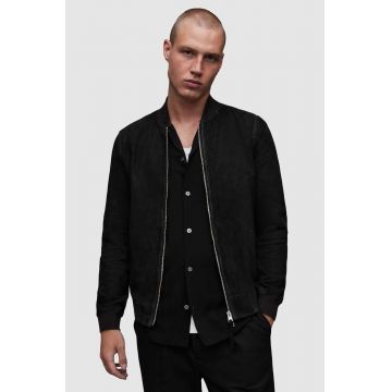 AllSaints jacheta bomber din piele intoarsa Ronan barbati, culoarea negru, de tranzitie