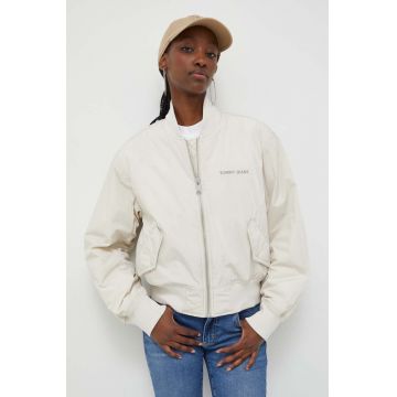 Tommy Jeans geaca bomber femei, culoarea bej, de tranzitie