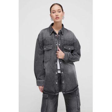 HUGO geacă din denim femei, culoarea gri, de tranziție, oversize 50508975