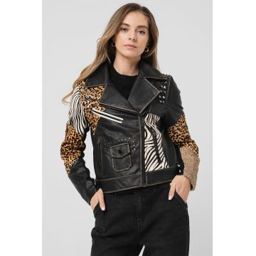 Jacheta biker de piele si piele ecologica cu animal print