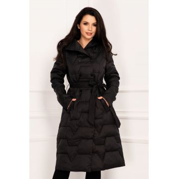 Geaca dama lunga oversize neagra matlasata cu capse si cordon in talie