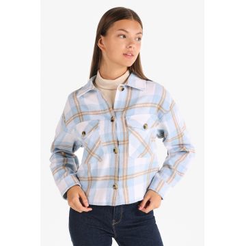 Jacheta-camasa crop cu model in carouri - Alb/Albastru pastel/Maro camel