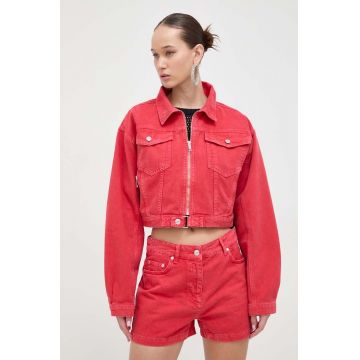 Moschino Jeans geacă din denim femei, culoarea roșu, de tranziție, oversized Moschino Jeans geacă din denim femei, culoarea roșu, de tranziție, oversized