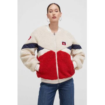 Superdry geaca bomber femei, culoarea bej, de tranzitie, oversize
