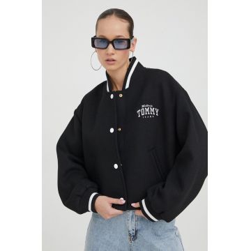 Tommy Jeans jacheta bomber din amestec de lana culoarea negru, de tranzitie