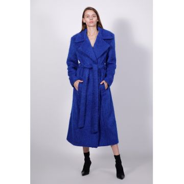 Palton cu revere decupate si cordon in talie - Albastru royal