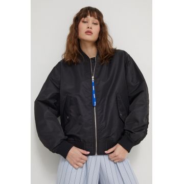 Hugo Blue geaca bomber femei, culoarea negru, de tranzitie, oversize