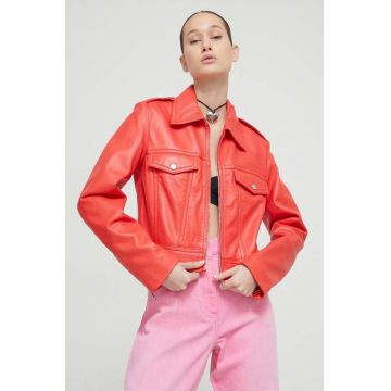 Moschino Jeans geaca de piele femei, culoarea rosu, de tranzitie