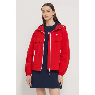 Tommy Jeans geaca femei, culoarea rosu, de tranzitie