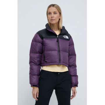 The North Face geaca de puf NUPTSE SHORT femei, culoarea violet, de iarna