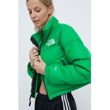 The North Face geaca de puf NUPTSE SHORT JACKET femei, culoarea verde, de iarna, NF0A5GGEPO81