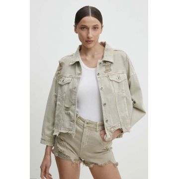Answear Lab geacă din denim femei, culoarea bej, de tranziție, oversized